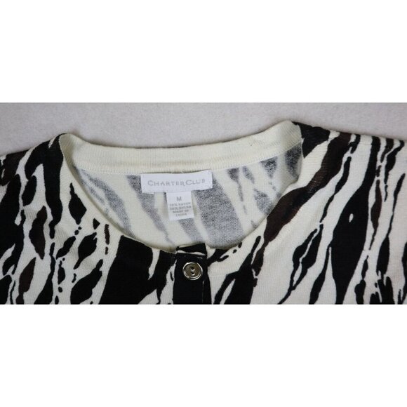 CHARTER CLUB - BLACK BROWN IVORY ZEBRA PRINT 3/4 SLEEVE CARDIGAN SWEATER - M - Picture 4 of 7